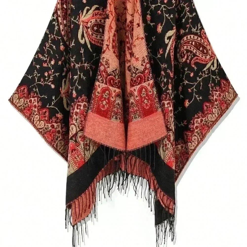 Red Casual Womens Paisley Pattern Fringe Trim Duster Cardigan wrap shawl - Picture 4 of 5